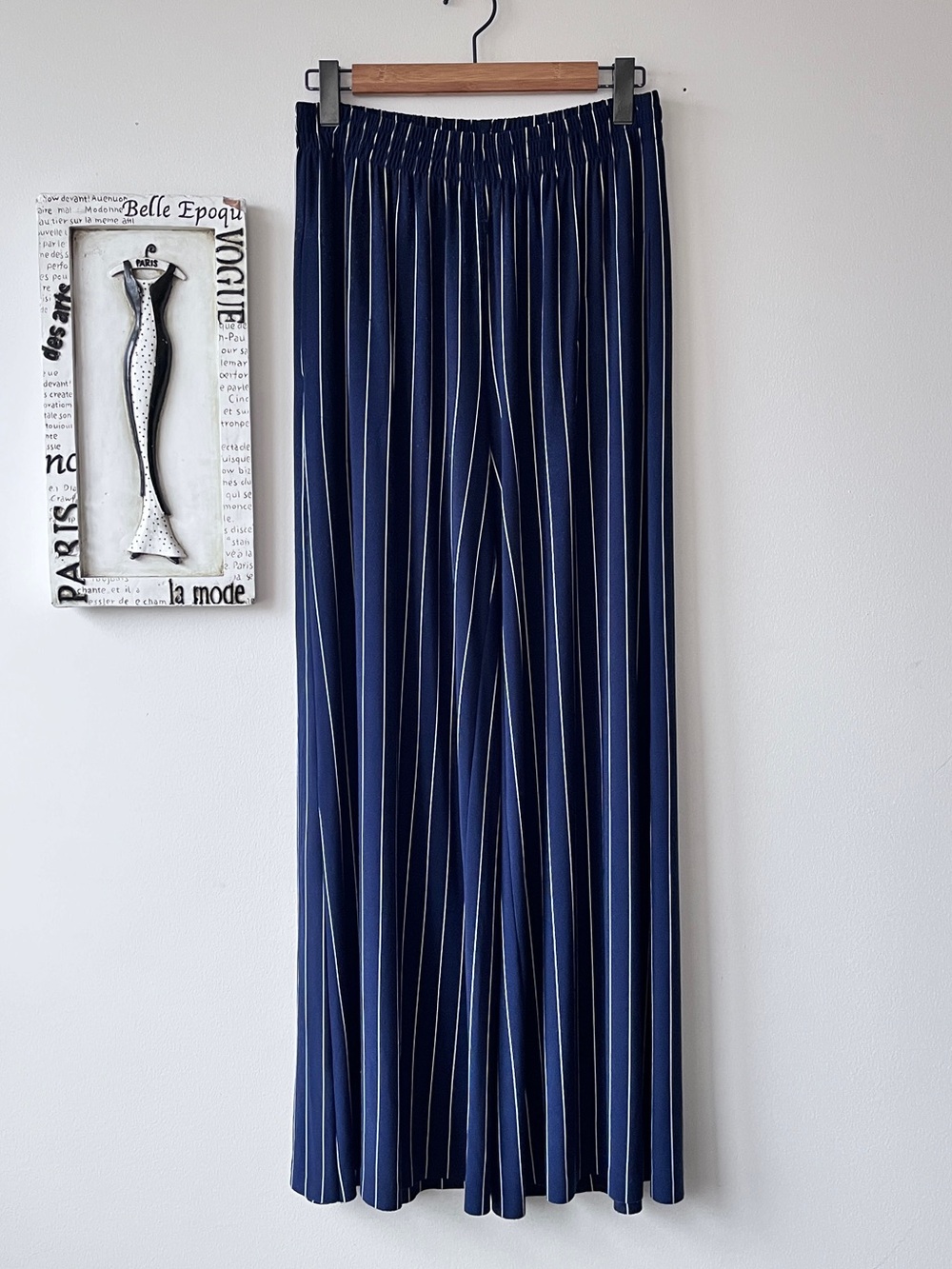Norma Kamali Navy Blue and White Pinstripe Wide-Leg Palazzo Pants Size S